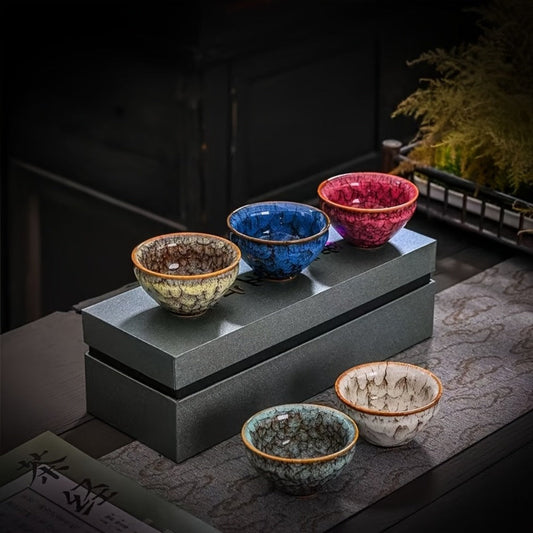 Jianzhan-Style Ceramic Tea Cups, Set of 5, Handmade Kiln-Fired with Gift Box