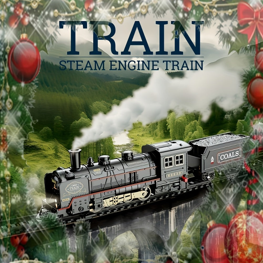 Battery Operated Steam Engine Train Toy Set with Tracks – Electric Locomotive Model for Kids Boys Girls Ages 3+, Classic Black Train, Birthday Christmas Halloween Gift