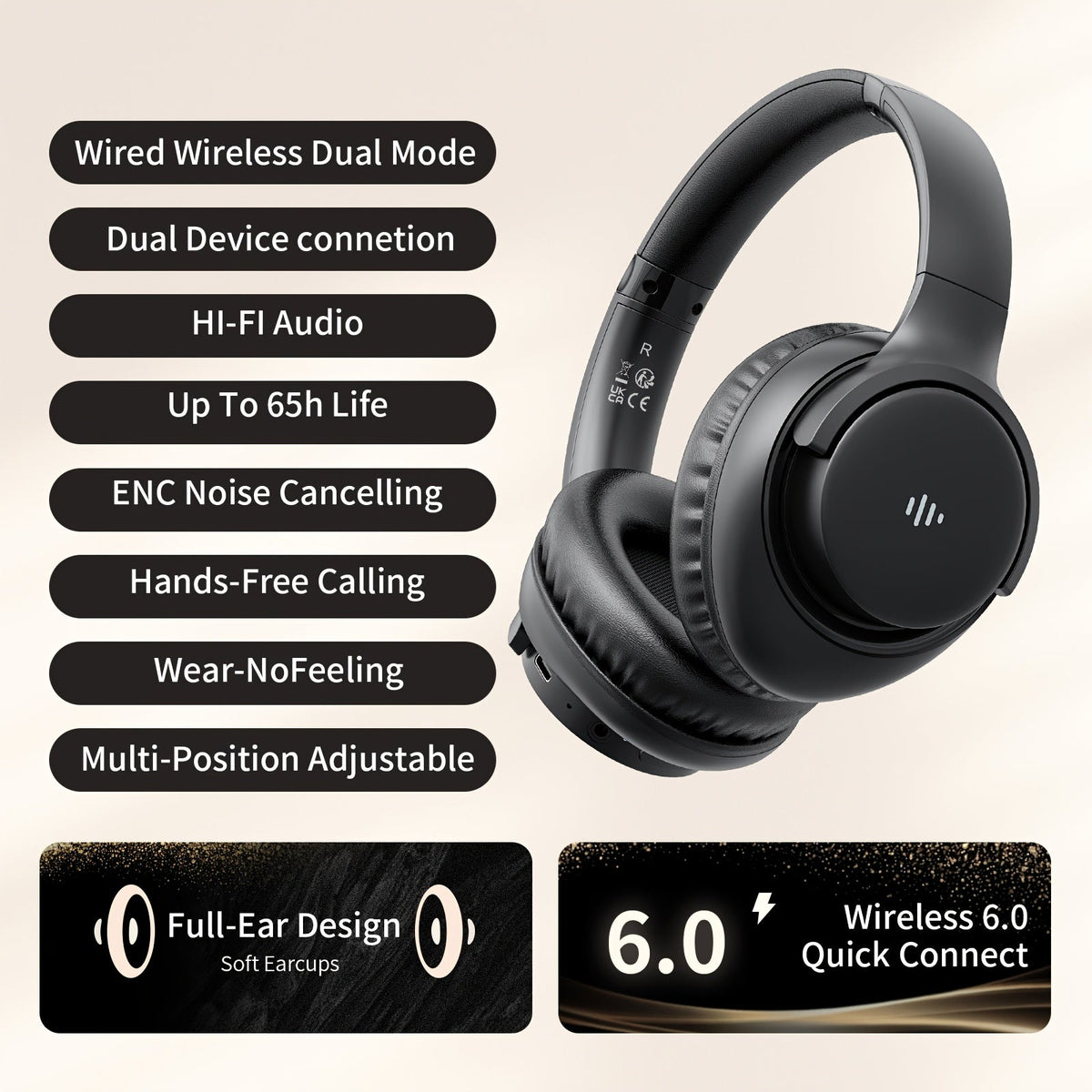 KVIDIO 65H Over-Ear Headphones Wireless HiFi Stereo Rich Bass Low Latency Foldable Lightweight Built-In Mic Ultra-Long Battery Life for Travel Work Study