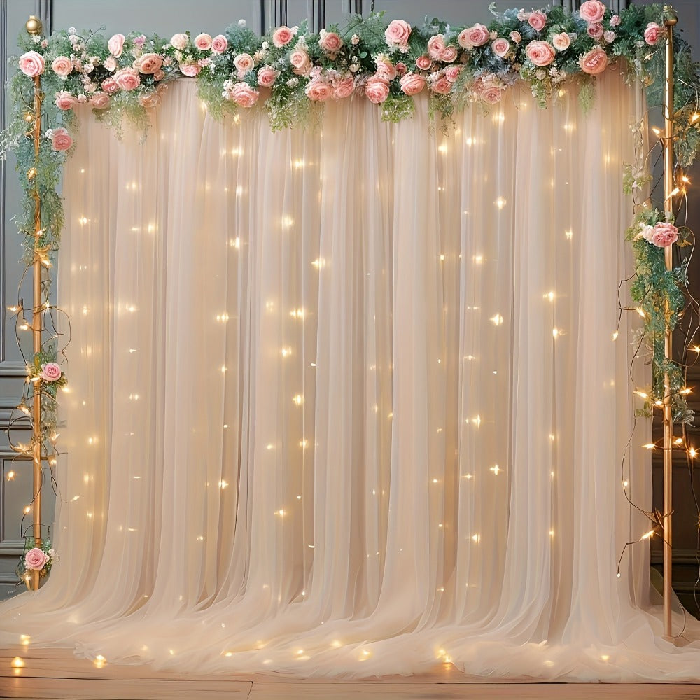 Champagne Tulle Backdrop with String Lights 5.2x10Ft 2pcs Sheer Curtain Photo Booth Props Wedding Party Background Decoration Non-Porous