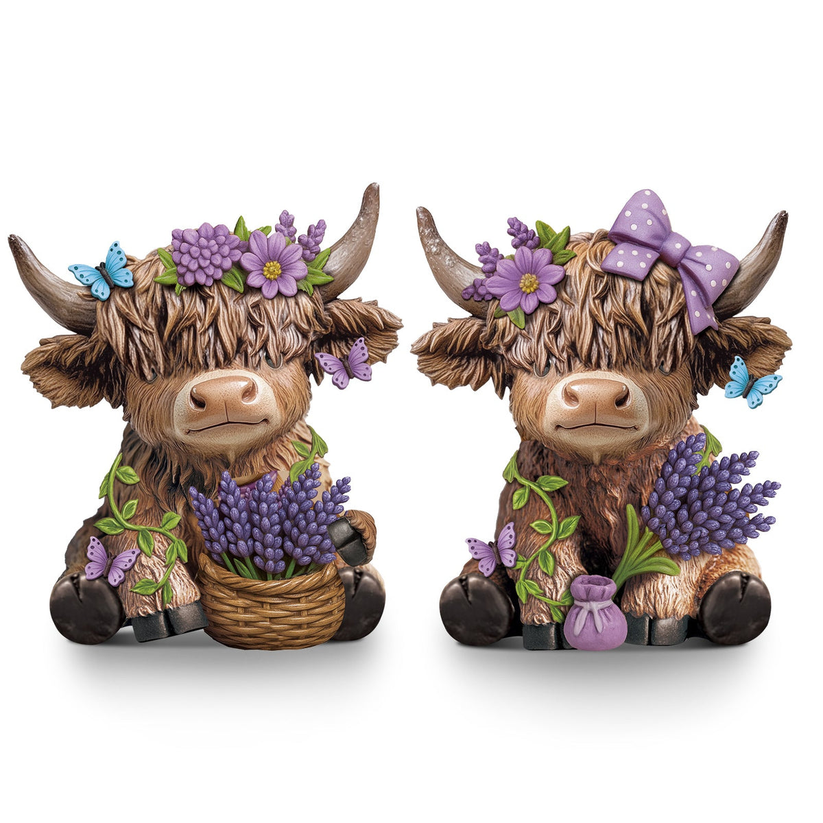 Scottish Highland Cow Figurines with Lavender - Resin Calf Statue Set of 2 for Home Garden Office Decor | Spring Table Centerpiece, Shelf Display & Housewarming Gift | Lavender-Themed Highland Cow Decor