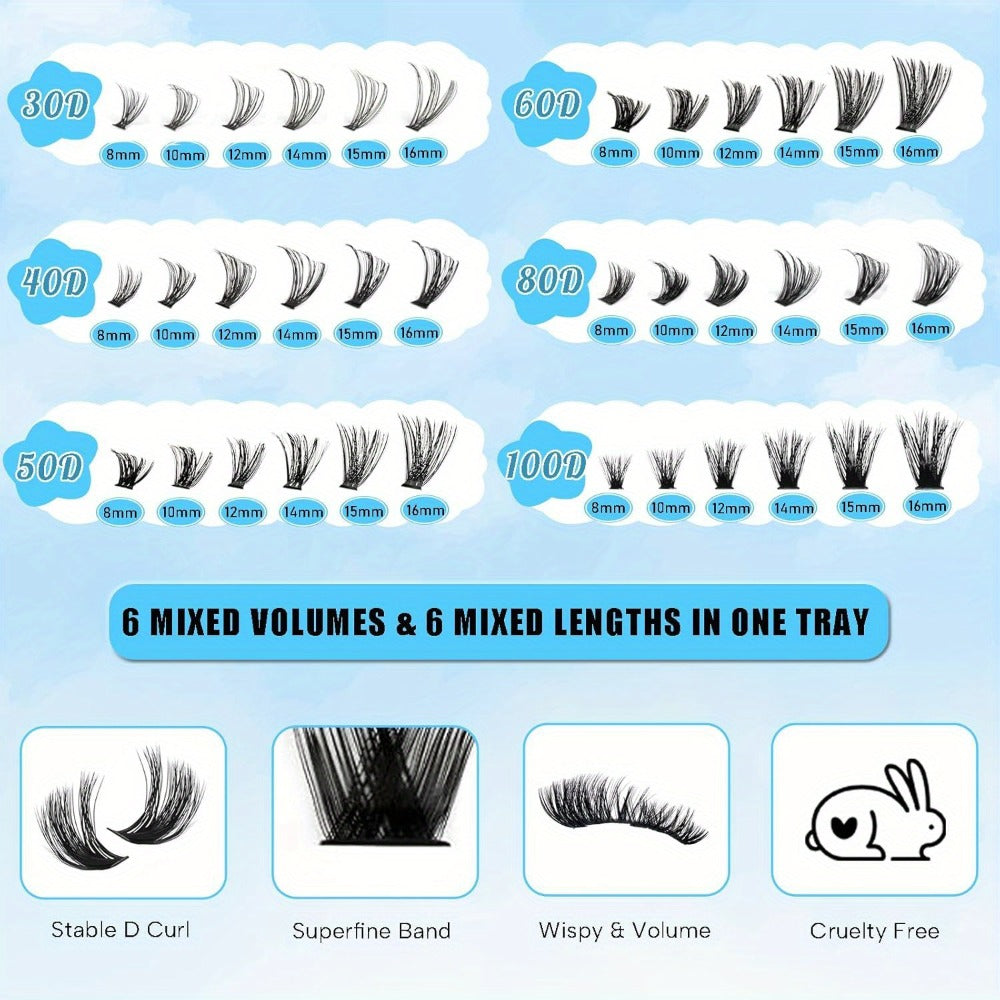 Complete 720-Piece Handmade Cluster Lash Kit with Glue & Tweezers — 30D to 100D, 6 Styles & Lengths, Lightweight No-Irritation Formula for Natural & Volume DIY Eyelash Extensions