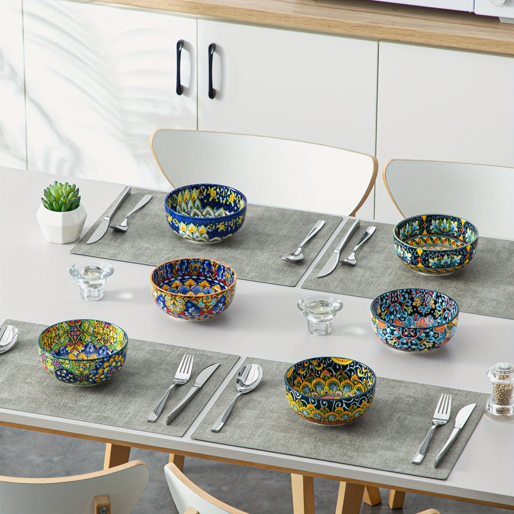 Cereal Bowl Set of 6 Bohemian Style 26oz – Colorful Ceramic Bowls for Cereal Soup Oatmeal Salad Ice Cream Pasta Microwave Dishwasher Safe Boho Kitchen Decor Gift for Home