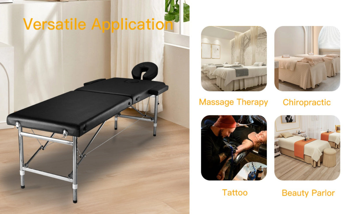 Portable Massage Table Folding Aluminum Frame PU Leather Adjustable Height 3-Section Spa Bed for Lash Extensions Esthetician Tattoo Facial Waxing Home Salon Use with Carrying Bag