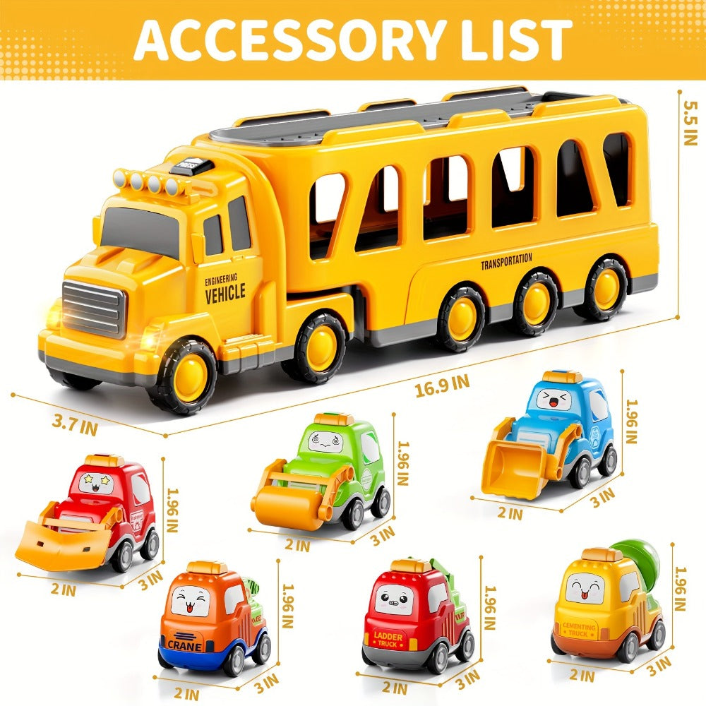 Car Carrier Truck Toy with 6 Cars, 16.9" Transport Construction Truck with Lights & Sounds