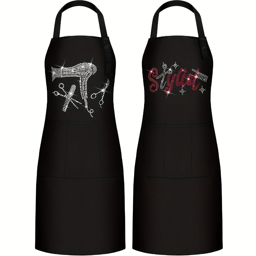 Rhinestone Barber Apron Set of 2 – Professional Hair Stylist Salon Smock 3 Pockets Hairdresser Apron Unisex Durable Barbershop Uniform for Women Men Gift for Barber