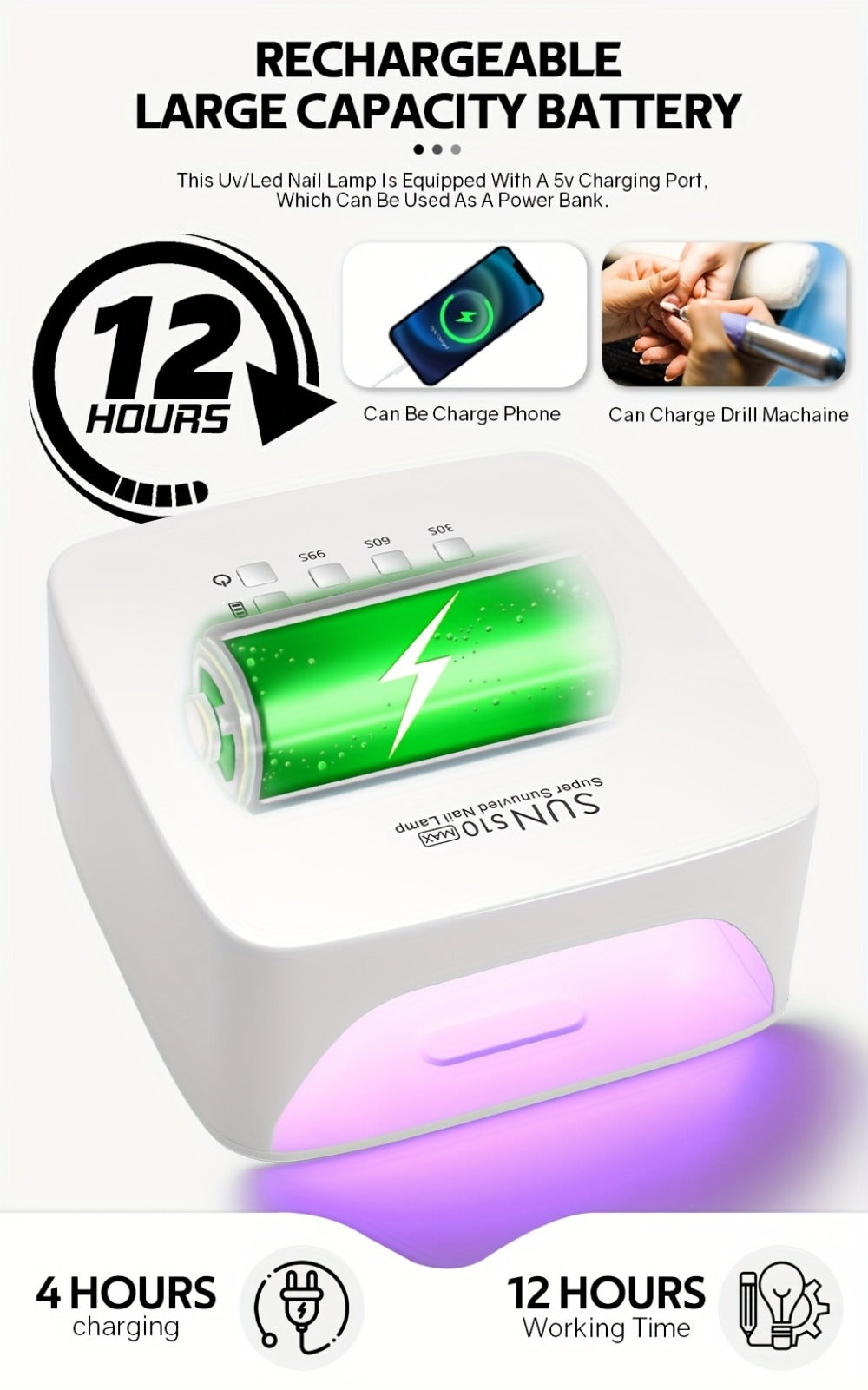 Rechargeable Wireless Nail Lamp 30 LED Beads 365+405nm UV Gel Curing Light 3 Timer Settings Infrared Sensor Portable Nail Dryer for All Gel Types Home Salon Use