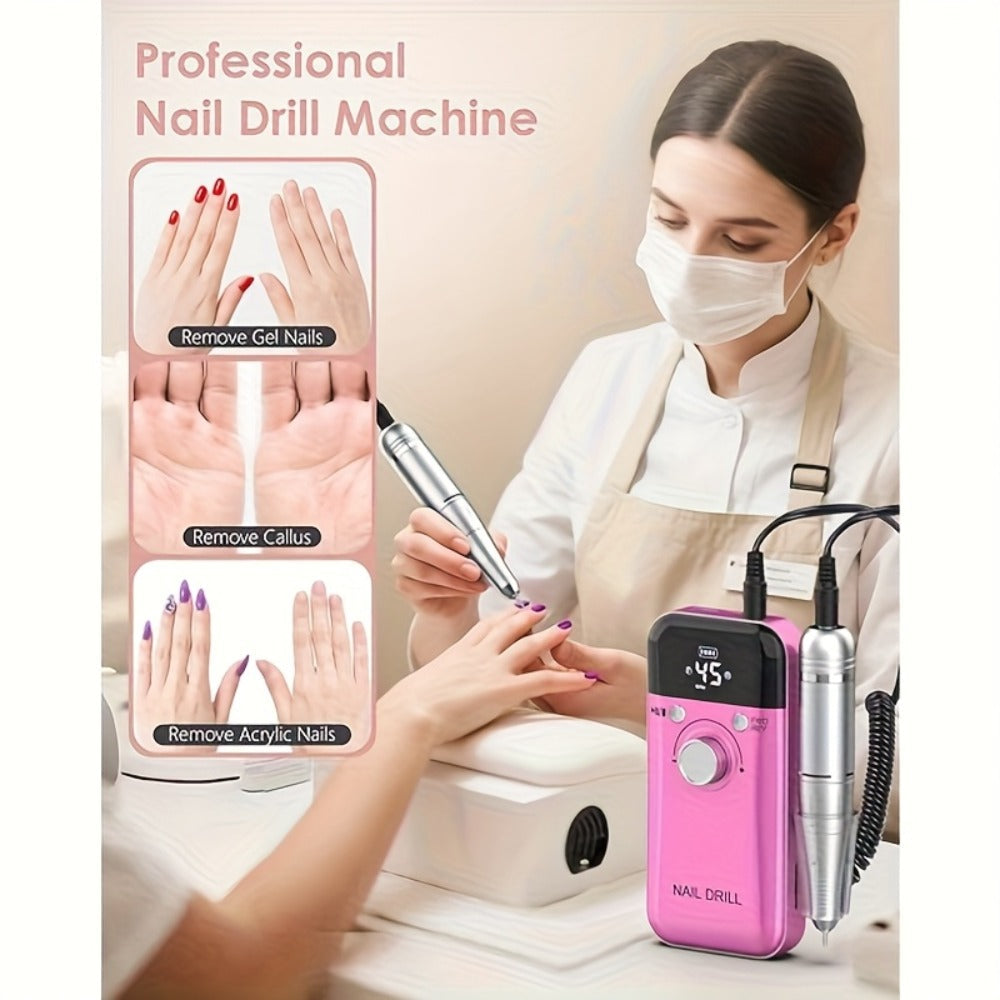 Nail Drill 45000 RPM Rechargeable Professional Electric Nail File Kit with Drill Bits Sanding Bands Low Noise Portable Manicure Pedicure Polishing Set for Salon Home Women Nail Techs