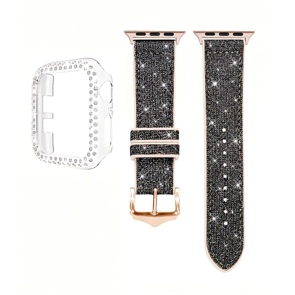 Apple Watch Band with Case Crystal Rhinestone Bling, Chameleon Color-Shift Strap + Shockproof Hard PC Cover, Compatible with Apple Watch Series 1-9 SE Ultra 38mm to 49mm S10 – Rose Gold Black Silver Women