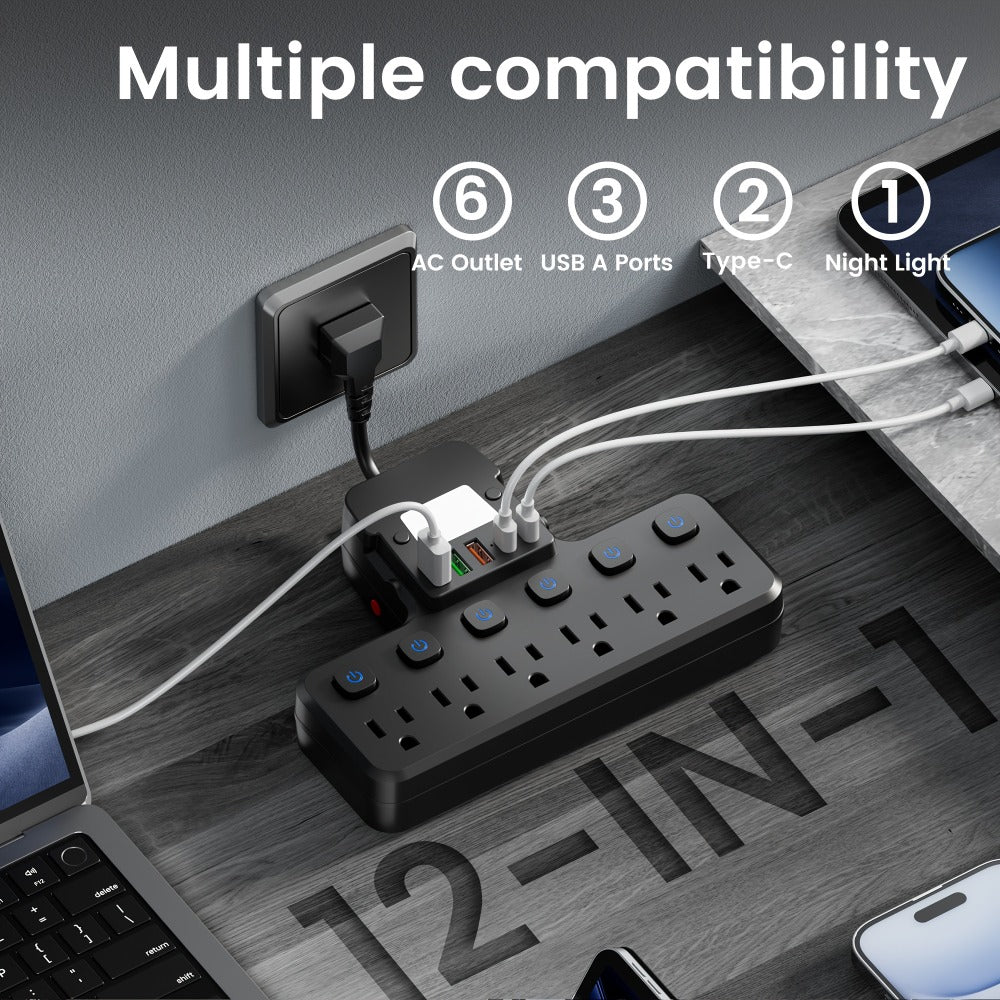 Desk Lamp Power Strip 12-in-1 with Adjustable LED Light, 6 AC Outlets & 5 USB Ports (3 USB-A + 2 USB-C), Overload Protection Surge Protector, Multi-Plug Charging Station for Office Home Travel – White & Black
