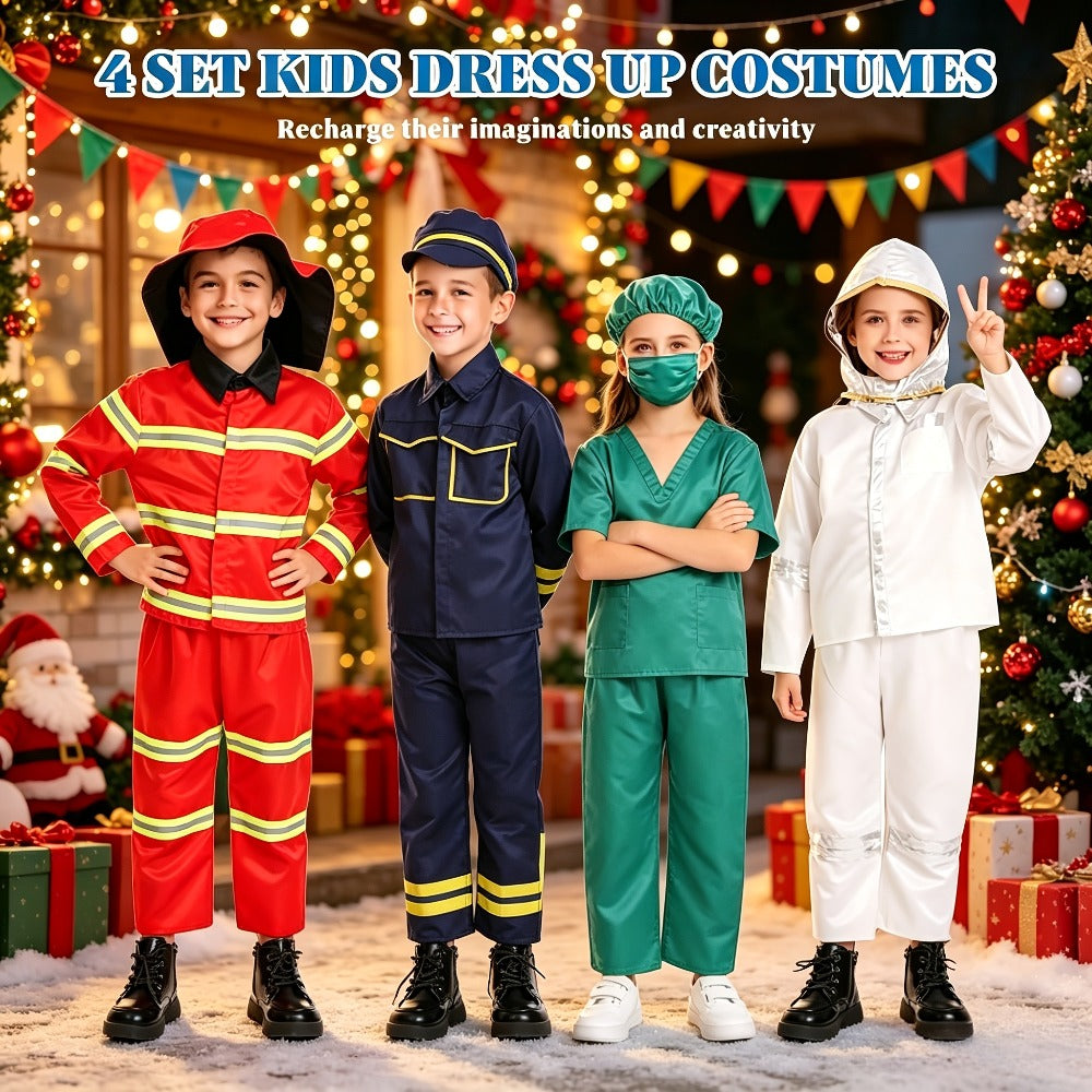 Kids Dress Up Costume Set 4-in-1, Firefighter, Police, Astronaut & Doctor Role Play Costumes