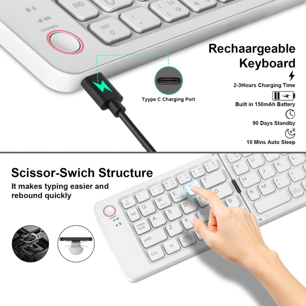 Folding Wireless Keyboard KLZO B023 Dual-Fold Magnetic – Slim Portable Bluetooth Keyboard, Ultra-Long Battery Life, Multi-Device Compatible for iPhone, iPad, Android, Windows, Mac | White, Green, Black