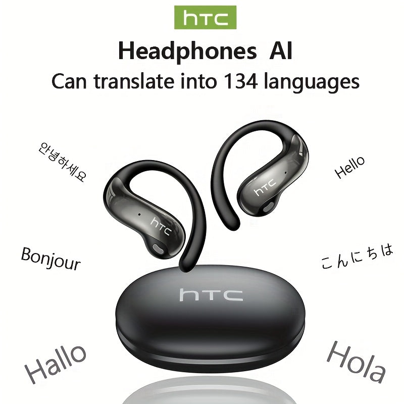 HTC NE19 AI Translation Earbuds TWS 134 Languages, Open-Ear Wireless Bluetooth 5.4 HiFi Audio, Long Battery Life Hands-Free Earphones for Travel Business Sports Casual Daily Use