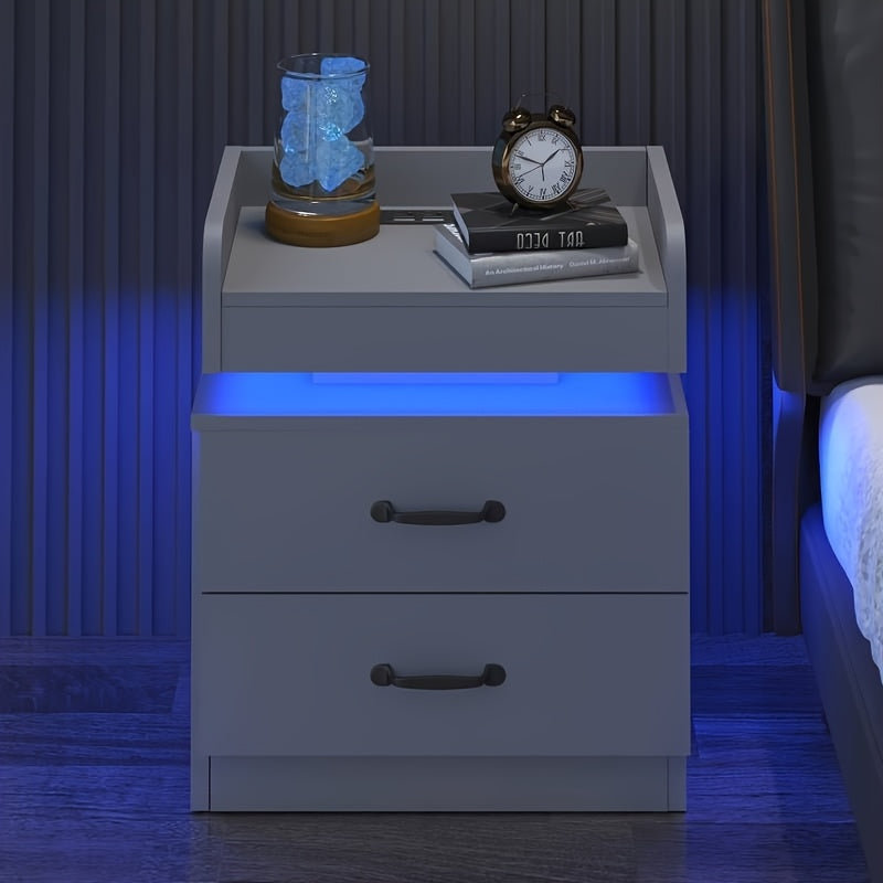 Wooden Nightstand with LED Ambient Light & Charging Station – Fabric Drawer, Blue Glow, Modern Bedside Table for Bedroom Living Room End Table, Black or White (Single or 2-Pack)