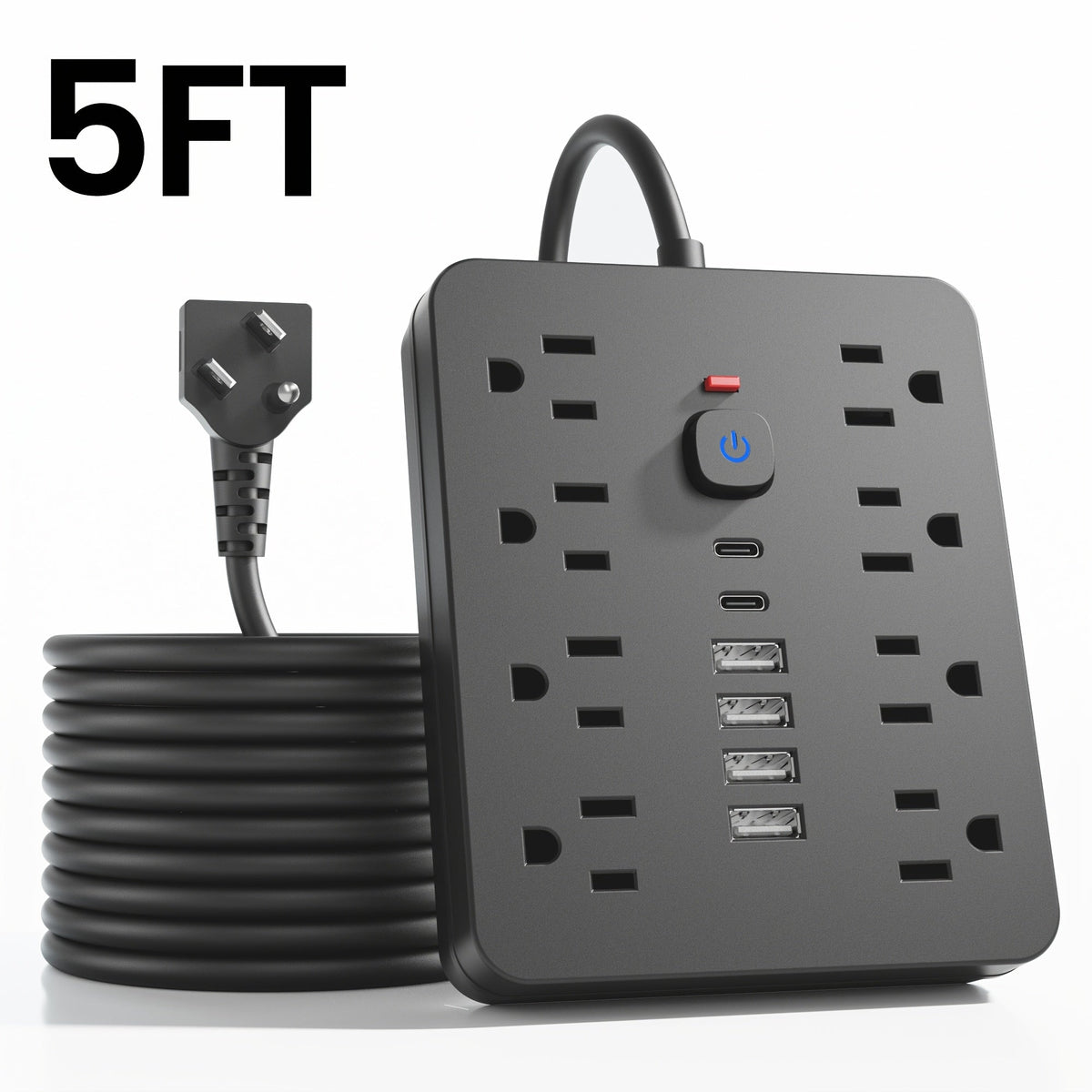 14-in-1 Wall-Mountable Power Strip with Surge Protector – 8 AC Outlets & 6 USB Ports (2 USB-C), Flat Plug Space-Saving Extension Cord, Overload Protection for Home School Office, 5ft or 10ft