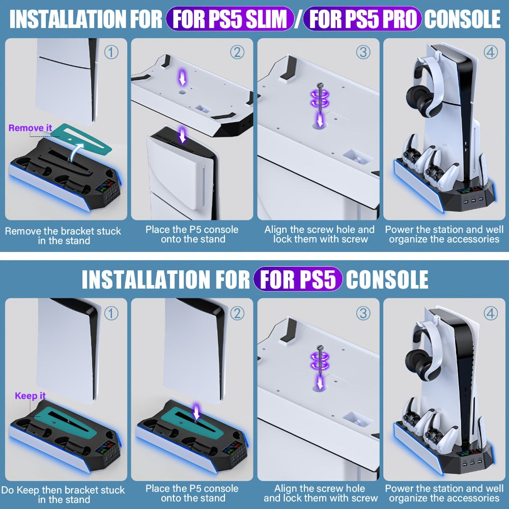 Headset Holder PS5 Cooling Stand with RGB Light, 3-Level Fan, Controller Charger & 3 USB Ports – Compatible with PS5 / PS5 Slim / PS5 Pro Disc & Digital Edition Console