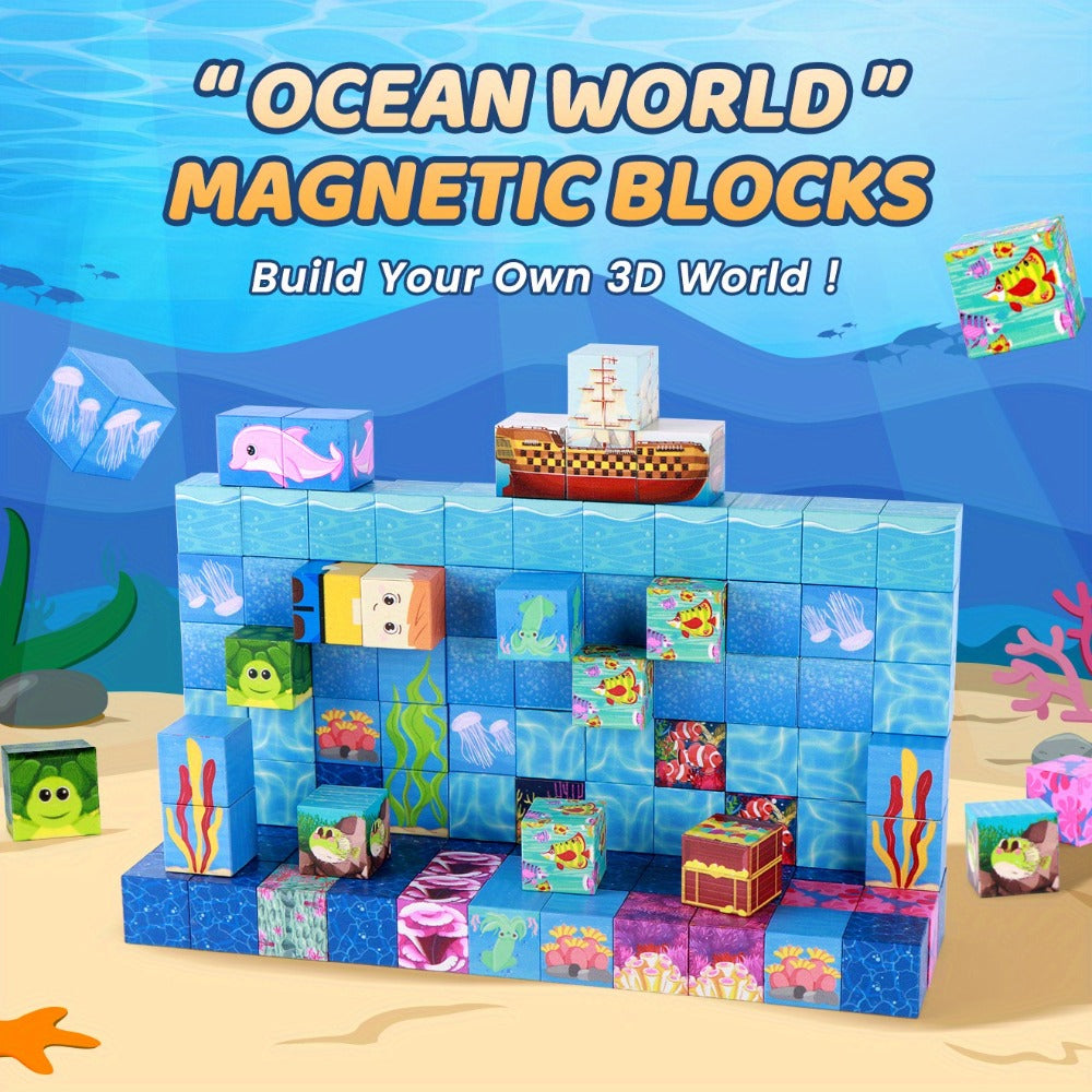 Ocean Adventure Magnetic Building Blocks, 54 or 100 Pieces, 3D Sea Theme Magnet Tiles for Ages 3+