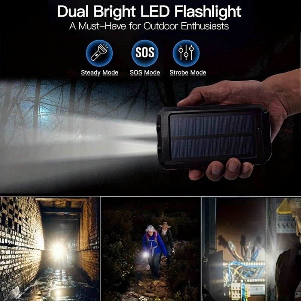 20000mAh Solar Power Bank with Built-In Flashlight & Compass – Dual USB Portable Charger for Camping Hiking Emergency Survival Outdoor Use, Compatible with All Mobile Devices, iPhone Android Samsung
