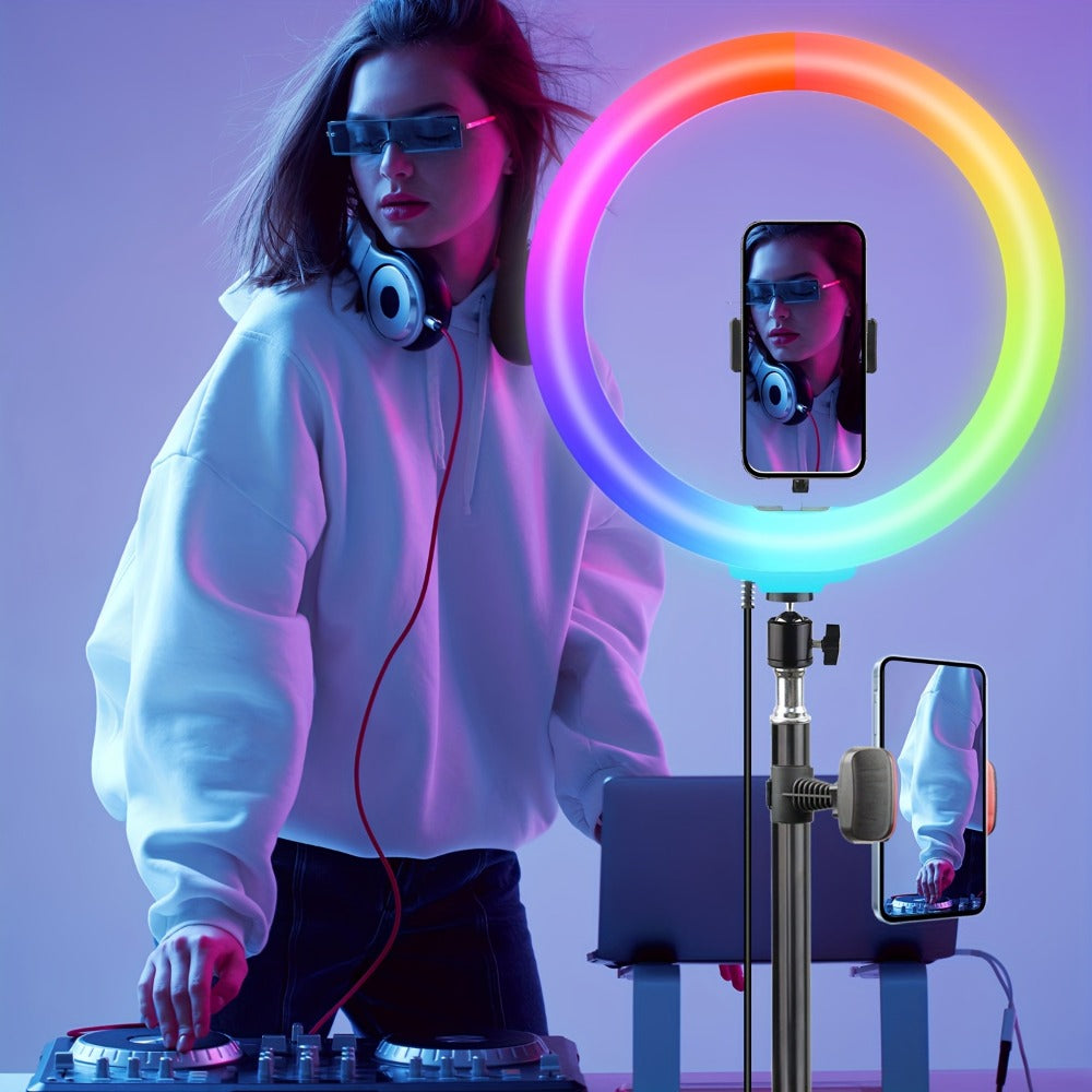 RGB Ring Light 12 Inch Dimmable with 63 Inch Adjustable Tripod USB Powered Phone Stand Gimbal Clamp for Makeup Live Streaming Selfie Photography TikTok YouTube Portable