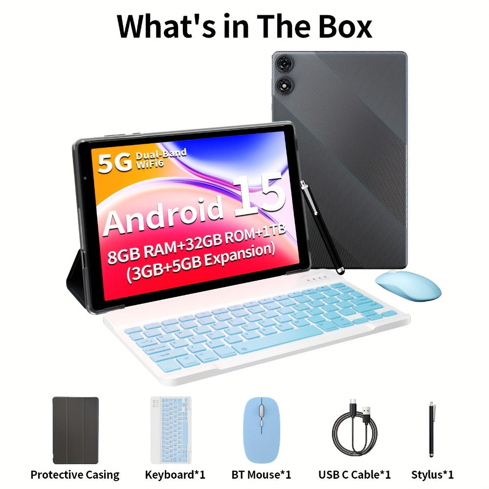 2-in-1 Tablet 10.1 Inch Android 15 8GB RAM 32GB ROM 1TB Expandable 6000mAh Battery WiFi Dual Camera with Optional Keyboard Mouse Protective Case & Stylus Pen – Gray