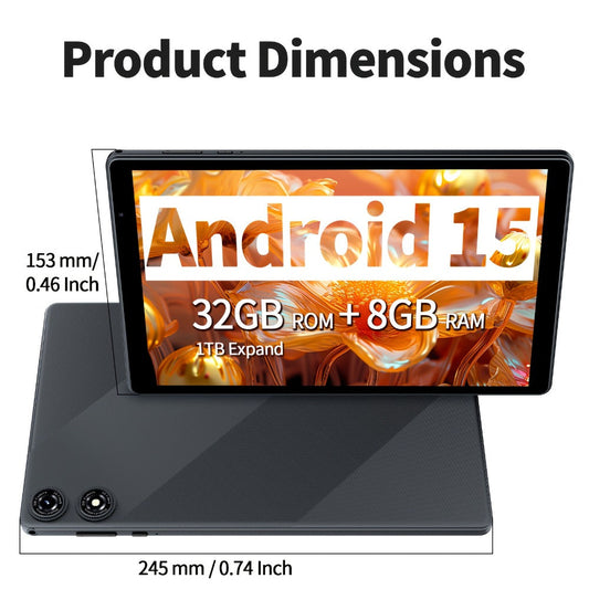 2-in-1 Tablet 10.1 Inch Android 15 8GB RAM 32GB ROM 1TB Expandable 6000mAh Battery WiFi Dual Camera with Optional Keyboard Mouse Protective Case & Stylus Pen – Gray
