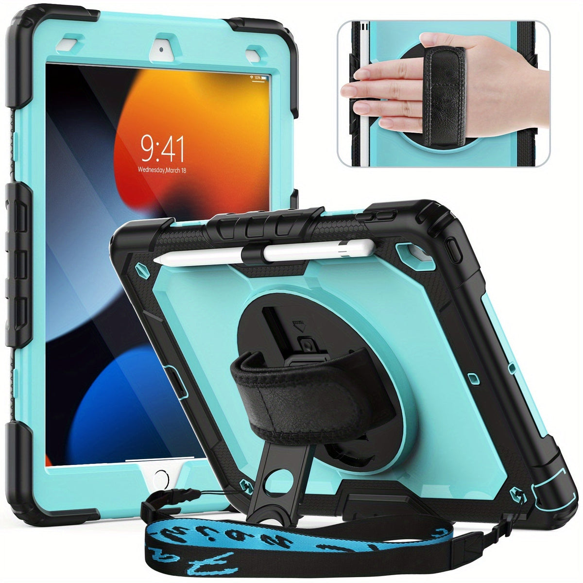 iPad 9th 8th 7th Generation Case 10.2 Inch Heavy Duty with Screen Protector, Hand & Shoulder Strap, 360° Rotating Stand, Pencil Holder – Full Body Protection for iPad 7/8/9 Gen, Black