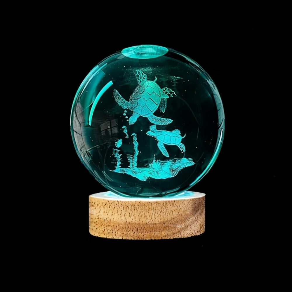 3D Sea Turtle Crystal Ball Night Light – LED Color Glow Glass Orb Lamp with Bamboo Base, Ocean Animal Figurine Desk Light for Home Bedroom Decor, Unique Gift for Turtle Lovers, Elders & Friends (2.36in)