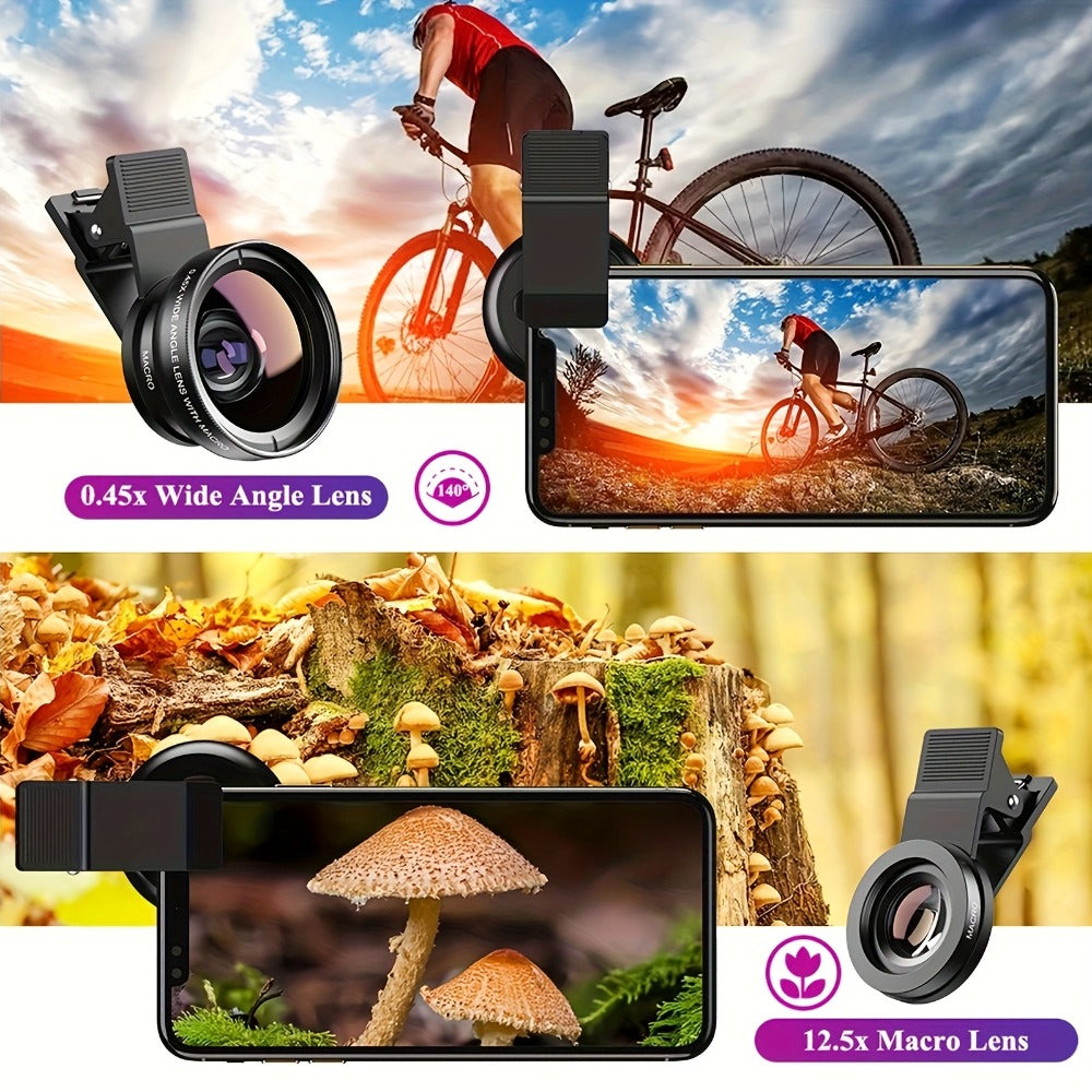 Clip-On Phone Lens Kit 2-in-1 – 0.45x HD Wide Angle & 12.5x Super Macro Lens for iPhone & Android, Universal Smartphone Camera Upgrade for Travel, Nature & Content Creation