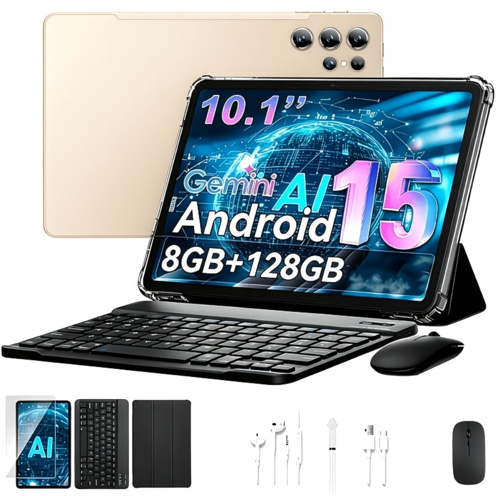 Android 15 Tablet 10.1 Inch 8GB RAM 128GB ROM – 8000mAh Battery, 1280x800 HD Display, 5MP+16MP Dual Camera, Stereo Speakers, WiFi, with Keyboard Case Mouse Stylus USB Cable
