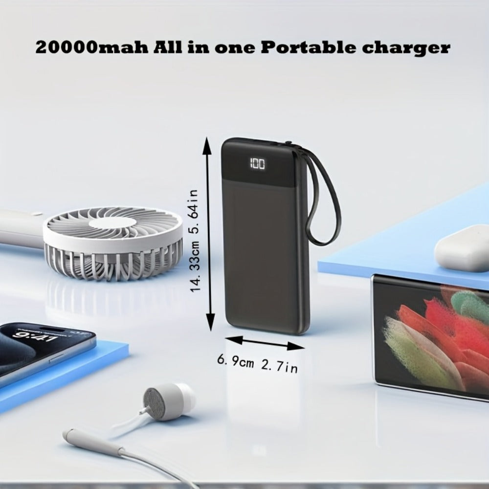 20000mAh Solar Power Bank with Built-in USB-C Cable 20W Fast Charging Portable Charger – Battery Pack for iPhone Android iPad Outdoor Travel Camping Hiking