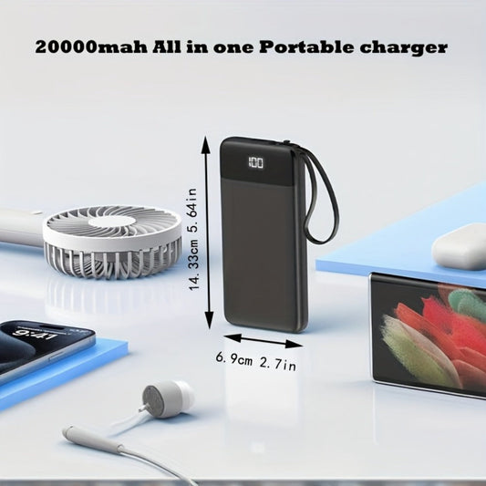 20000mAh Solar Power Bank with Built-in USB-C Cable 20W Fast Charging Portable Charger – Battery Pack for iPhone Android iPad Outdoor Travel Camping Hiking
