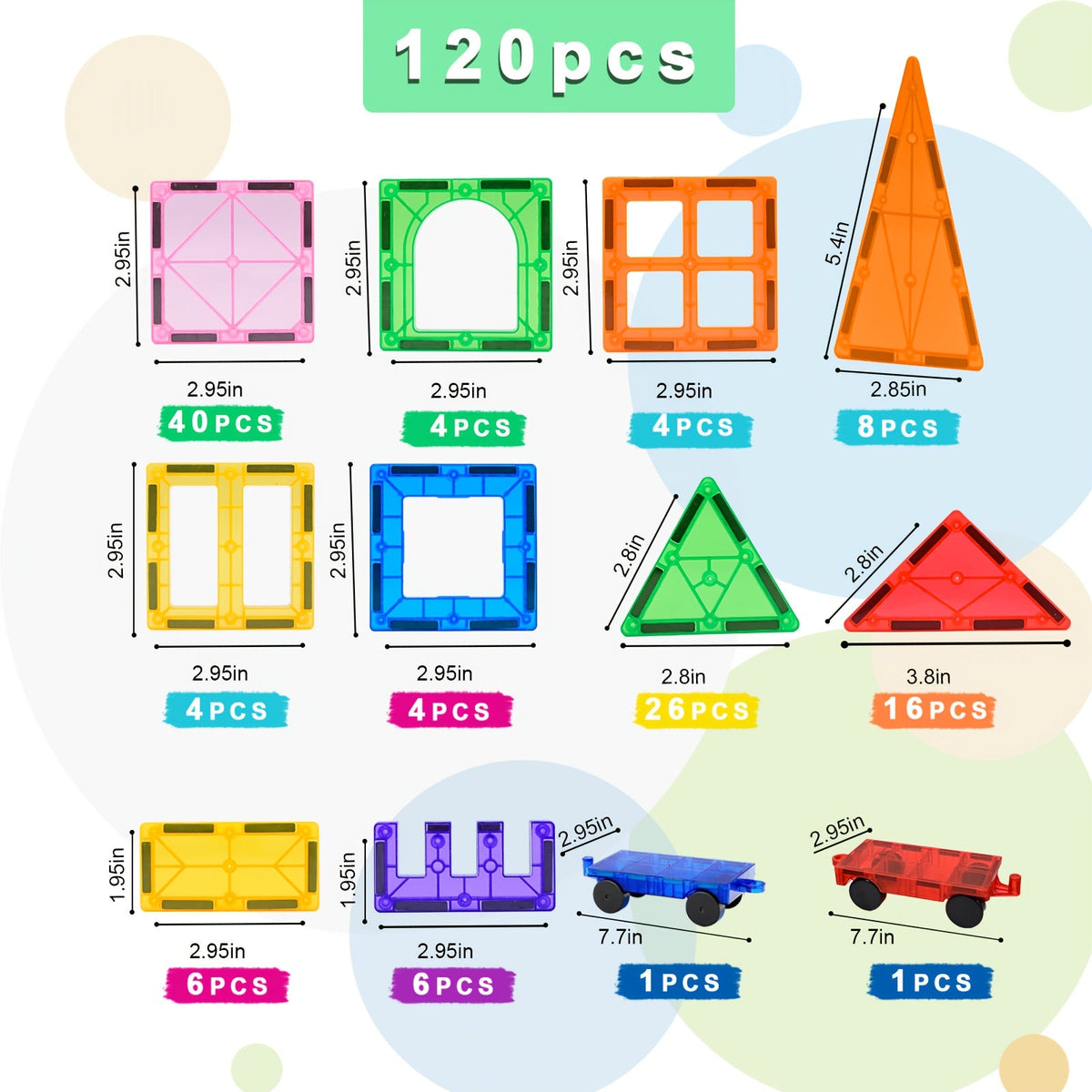 Magnetic Tiles Building Set with 2 Cars, 120 Pieces for Ages 3+