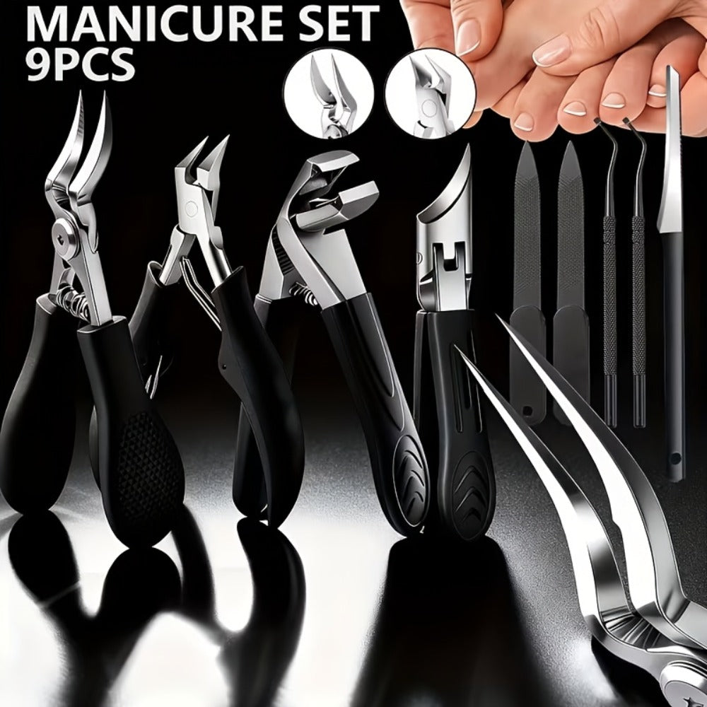 Manicure Pedicure Set 9 Piece Stainless Steel Nail Care Kit Professional Nail Clippers Nail File Cuticle Scissors for Ingrown Thick Toenails Men Women Seniors