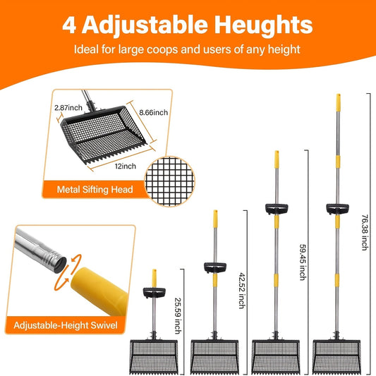Cat Litter Scooper and Rake, 2-in-1 with Adjustable 26–76-Inch Stainless Steel Handle