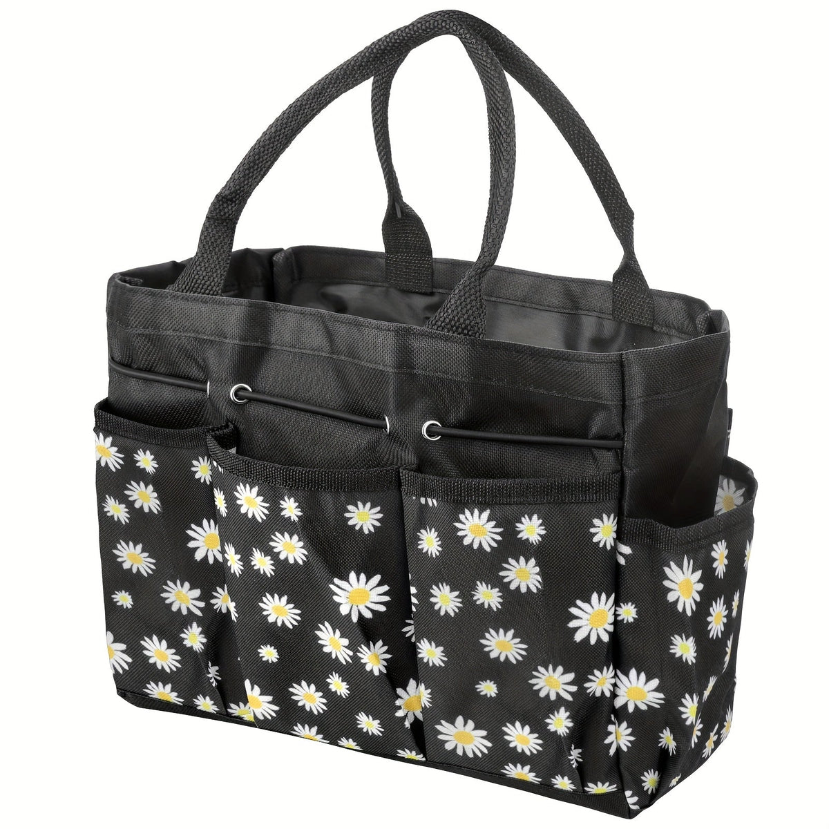 Garden Tool Bag Heavy Duty Multi-Pocket Organizer – Large Capacity Tool Storage Carrier Tote for Gardening, Lawn Care, Camping & Outdoor Work, Portable Daisy Pattern, Black & Gray (No Tools Included)