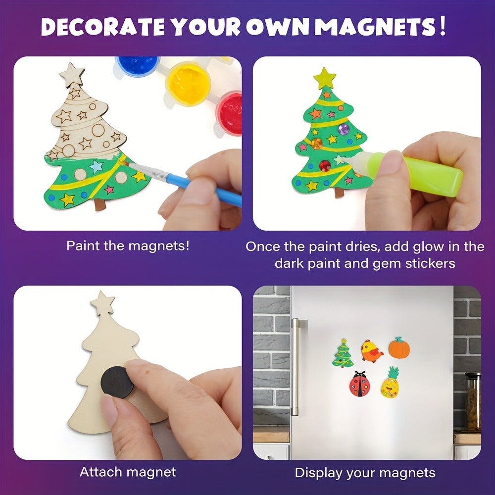 DIY Wooden Magnet Craft Kit, 30 Pieces, Glow-in-the-Dark Paint