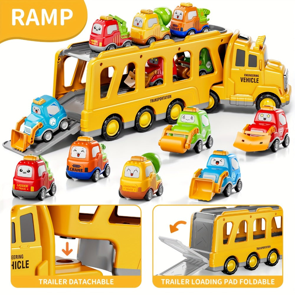 Car Carrier Truck Toy with 6 Cars, 16.9" Transport Construction Truck with Lights & Sounds