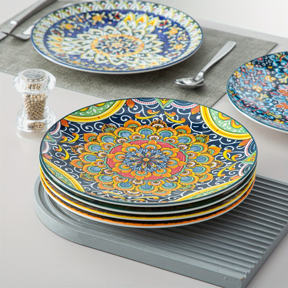 Bohemian Dinner Plates Set of 6 – 10.5 Inch Colorful Stoneware Plate Set Microwave Dishwasher Safe Scratch Resistant Porcelain Dinnerware for Home Restaurant Cafe Boho Kitchen Decor Gift