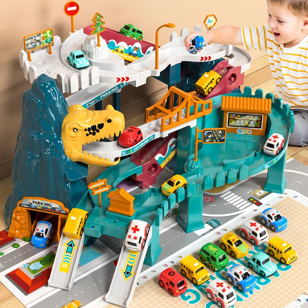 Dinosaur Race Track Toy Set – Multi-Level Dino Car Track with Ramp Launcher & 10 Mini Cars