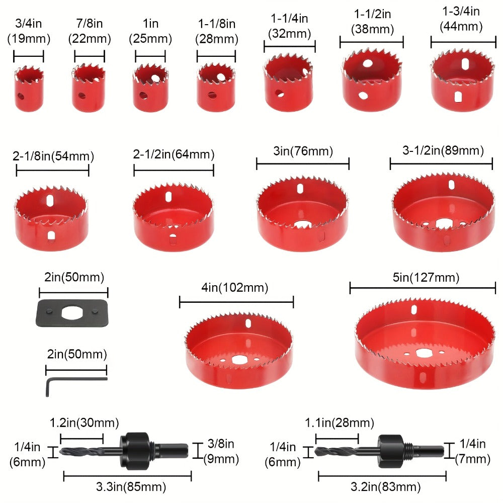 Carbon Steel Hole Saw Kit Multi-Size with Mandrels & Hex Key – Heavy Duty Quick-Change Hole Cutter Set for Wood PVC Drywall Cornhole Board & Soft Metal