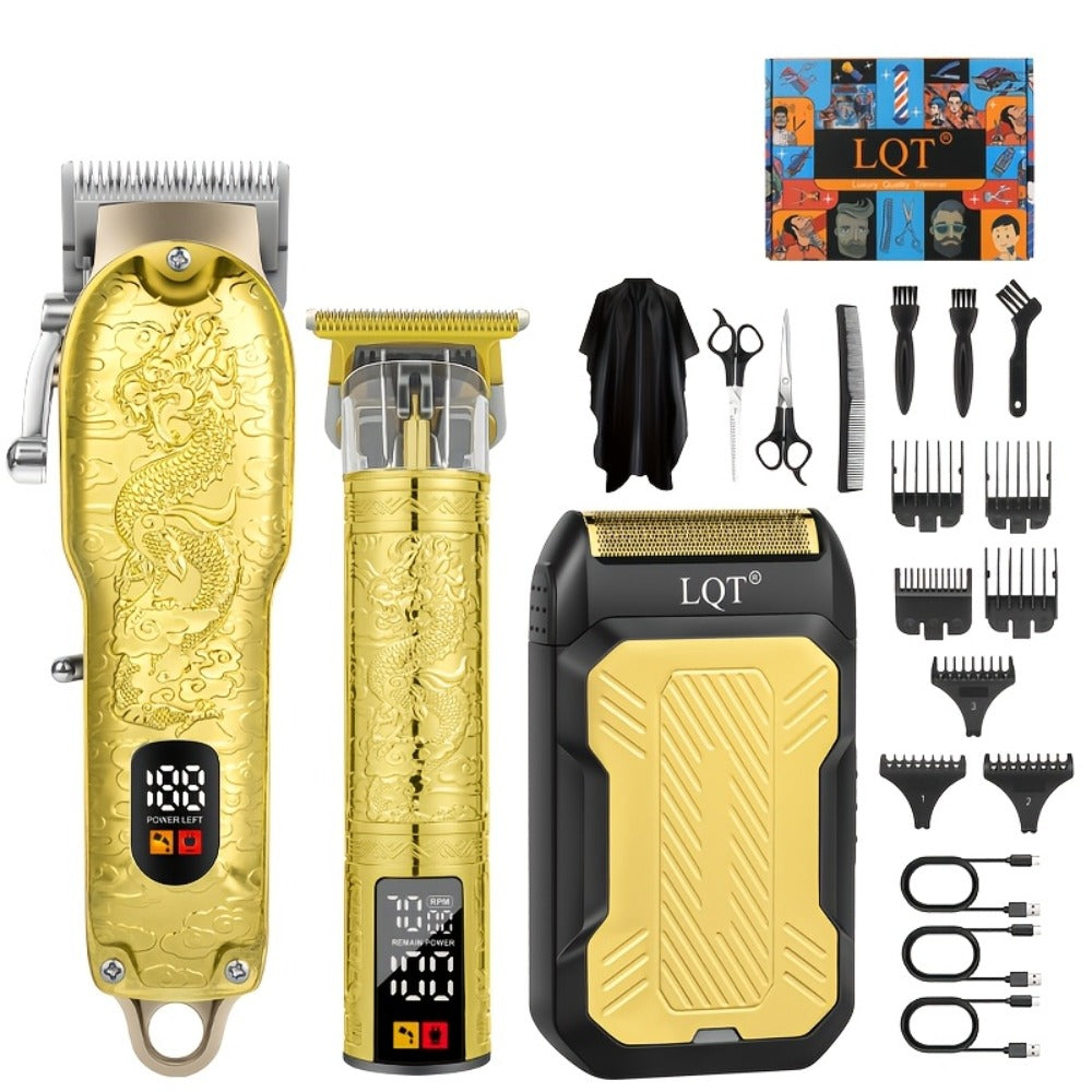 Men's Grooming Gift Set 3-Piece — LQT Cordless Hair Clipper, Electric Shaver & Hair Cutter with LED Display, Golden Dragon Edition, Premium Gift Box, Perfect Father's Day & Birthday Gift for Men