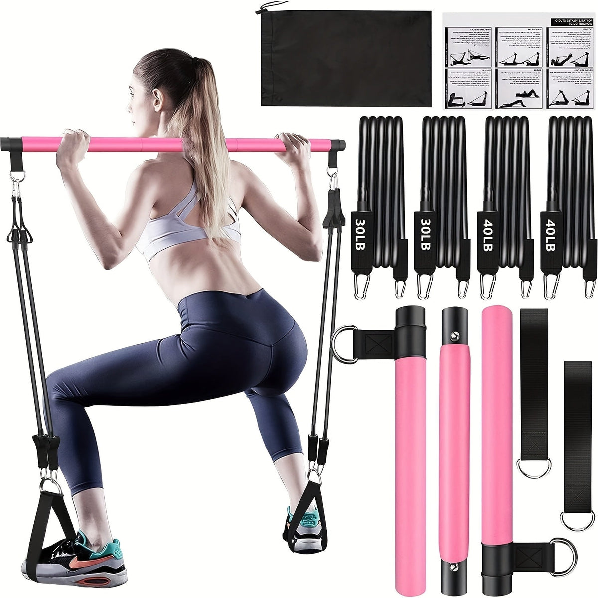 Resistance Band Pilates Bar Kit 8-Piece – 150LB Bands, Ankle Straps & Drawstring Bag, Portable Home Gym Fitness Set for Full Body Workout for Men & Women
