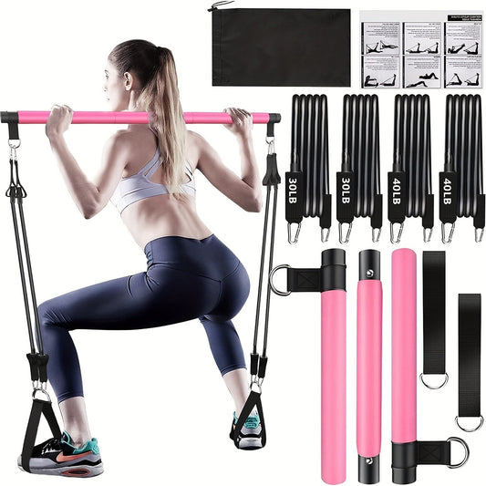 Pilates Bar Kit, 8-Piece Set with 150 lb Resistance Bands, Ankle Straps and Drawstring Bag