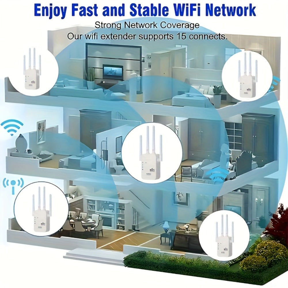 WiFi Extender 1300Mbps Dual Band AP & Relay Mode - 4 Powerful Antennas Full House Coverage, Ethernet Port, Eliminates Dead Zones, for Home Office Gaming Streaming, White Black