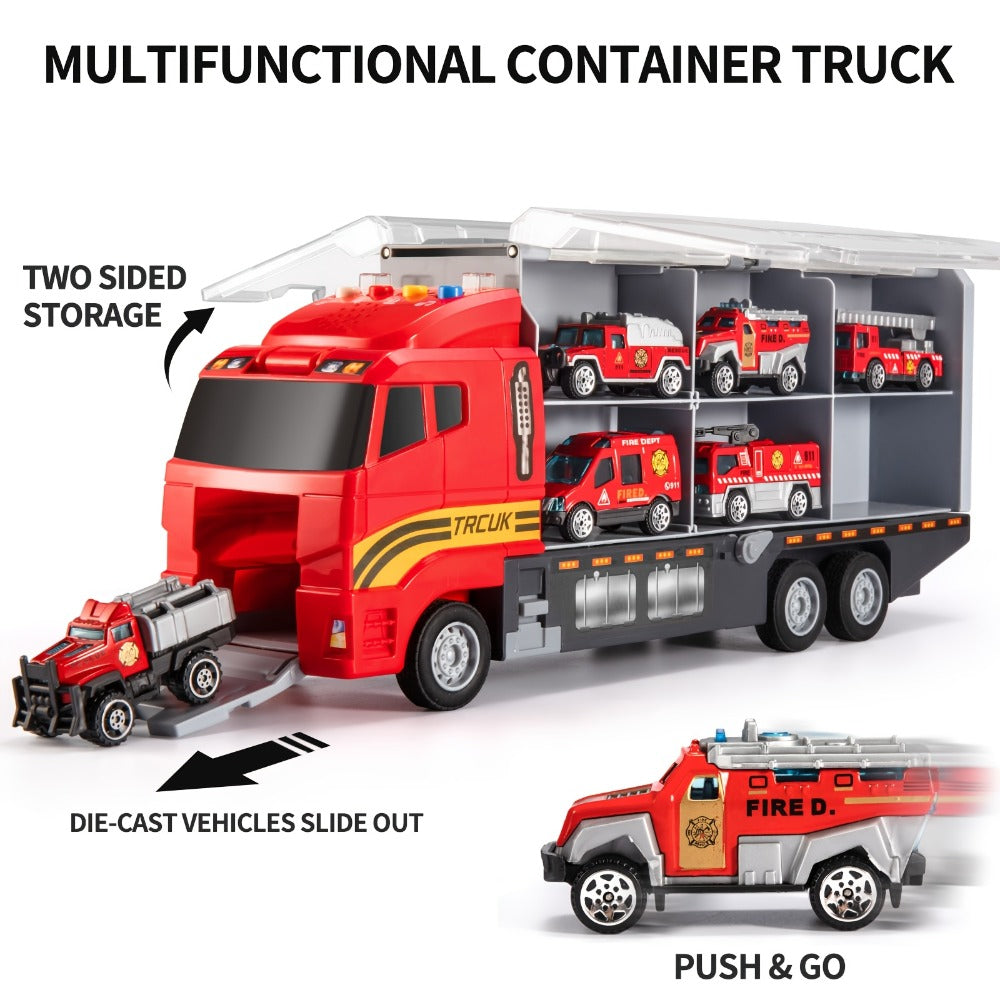 Fire Truck Toy Set with Die-Cast Metal Carrier Truck & Play Mat, Emergency Vehicle Playset