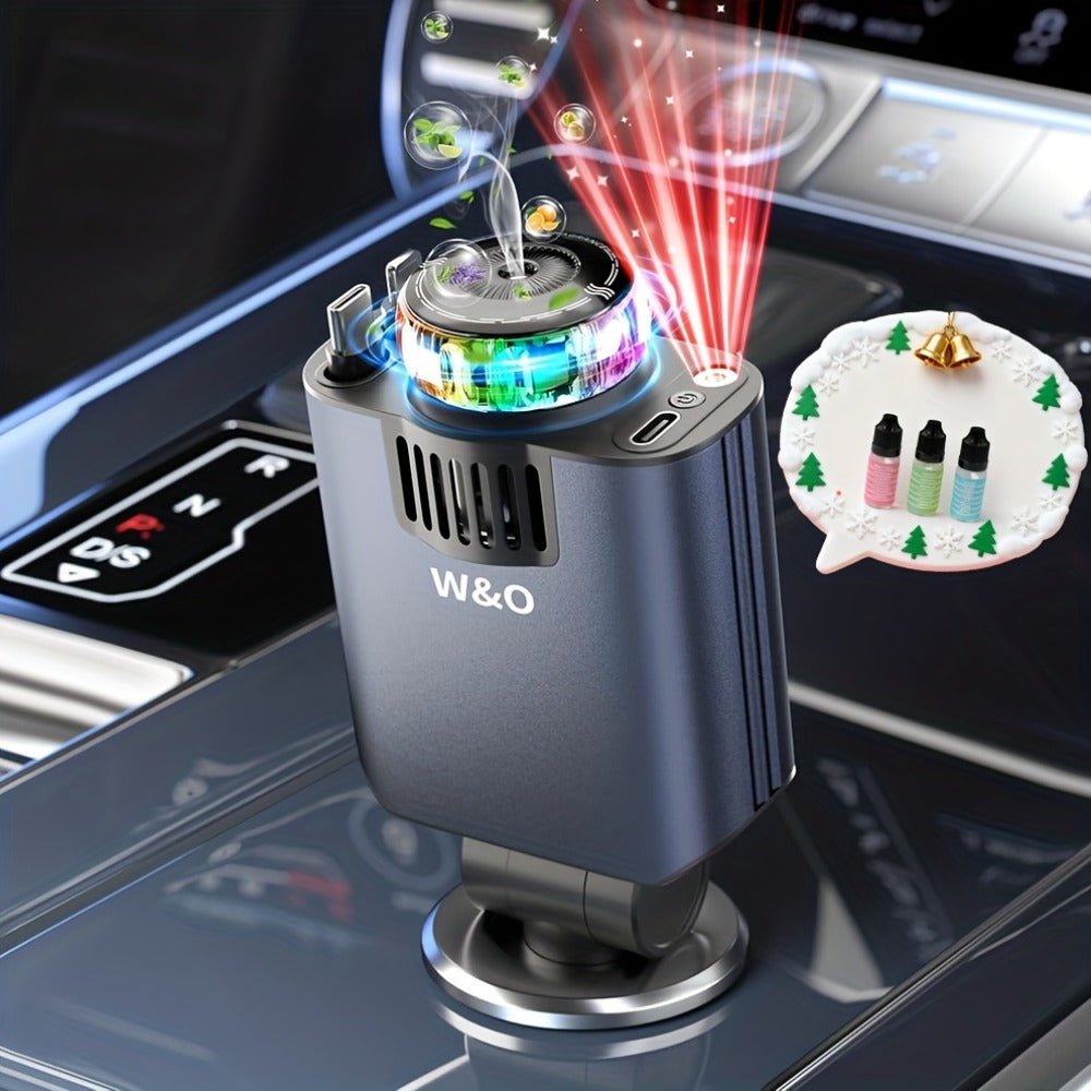 Car Charger with Perfume 3-in-1 Fast Charging AromaRelax Starlight Projector Retractable Cable USB-C & Lightning for iPhone 16 15 14 13 12, Samsung Galaxy Android – Blue Red, Flower Heart Shangri-la Cologne Styles