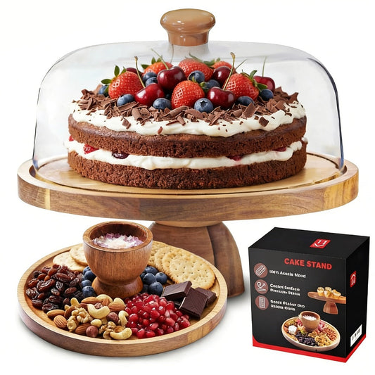 Acacia Wood Cake Stand with Clear Acrylic Dome Lid, Round Serving Platter