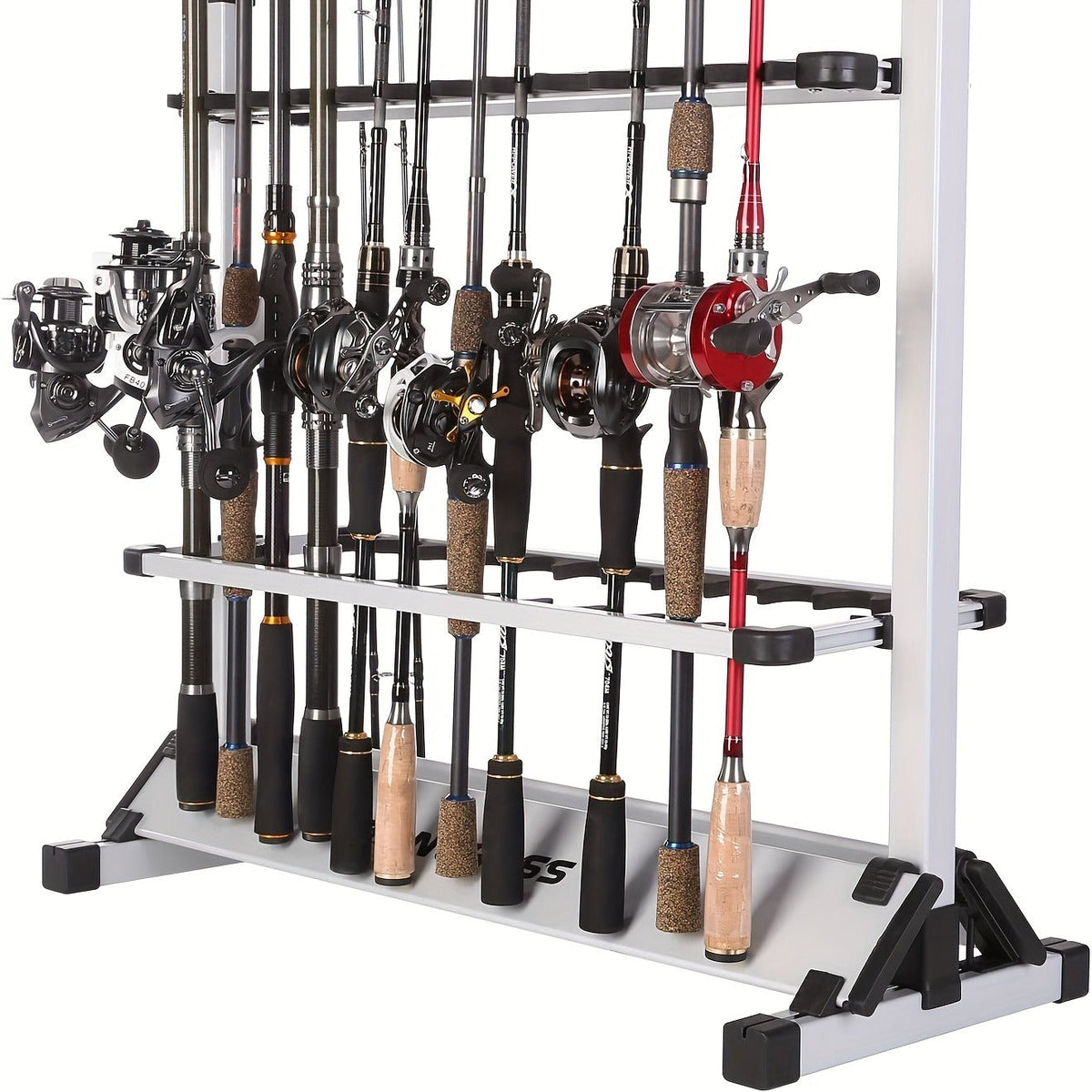 Aluminum Fishing Rod Holder Rack Holds Up to 24 Rods, Portable Lightweight Rust-Resistant Rod Stand with Cushioned Holders & Carrying Handle, Freestanding Fishing Pole Organizer for Garage Cabin Home