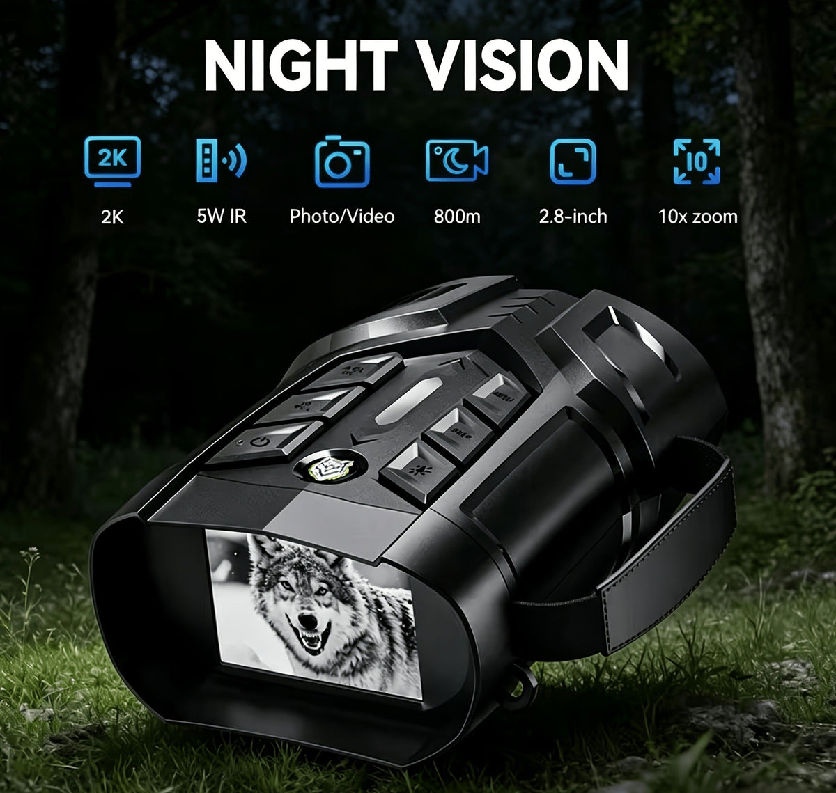 Night Vision Goggles 2K Ultra HD – 5W IR Binoculars with 2.8" IPS Screen, 10X Optical Zoom, 2600ft Range & 2000mAh Rechargeable Battery | Hunting, Camping, Security & Surveillance