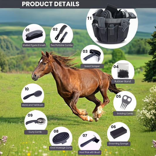 Horse Grooming Kit with Curry Comb, Braiding Tools and Storage Bag, 11-Piece, Black